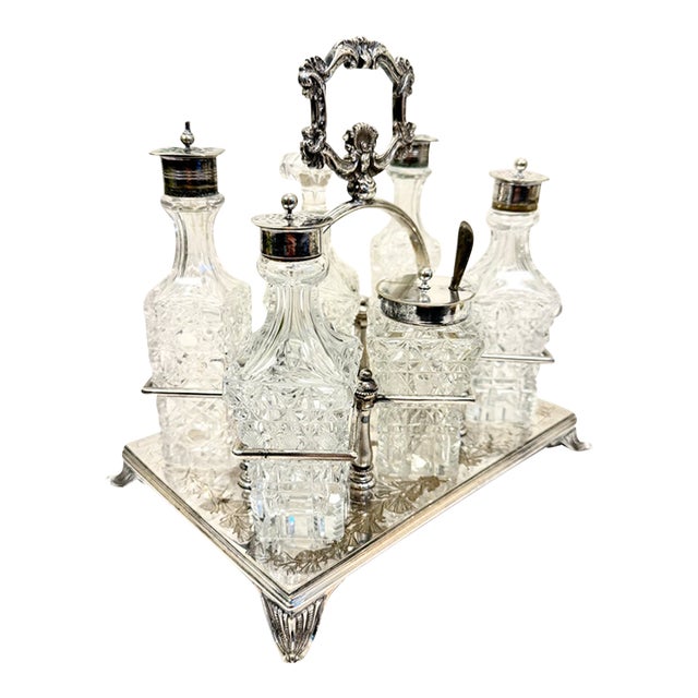 Early 20th Century Silver and Crystal Condiment or Cruet Set - 7 pcs For Sale