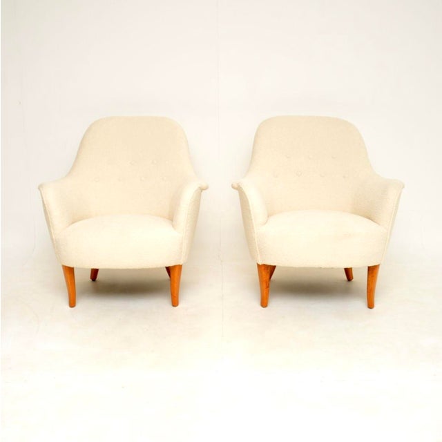 A stylish and iconic pair of vintage Swedish Cirkus armchairs by Carl Malmsten. They were made in Sweden, and they date...