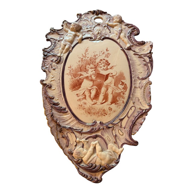 Late 19th Century Antique Villeroy & Boch Mettlach Violet Large Plaque With Cherubs For Sale