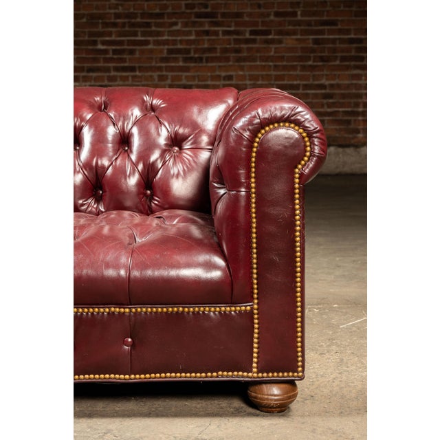 Burgundy Vintage Deep Red Leather Tufted Chesterfield Sofa With Brass Nailhead Trim For Sale - Image 8 of 9