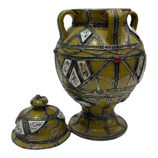 Moroccan Moorish Design Lidded Ceramic Urn Inlaid With Camel Bones & Mixed Metalwork, Decorative Footed Vessel For Sale