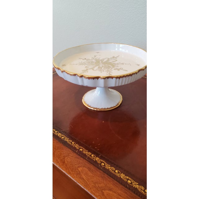 Ceramic Vintage Limoges French Porcelain Cake Stand With Gold Rose Decoration. For Sale - Image 7 of 7