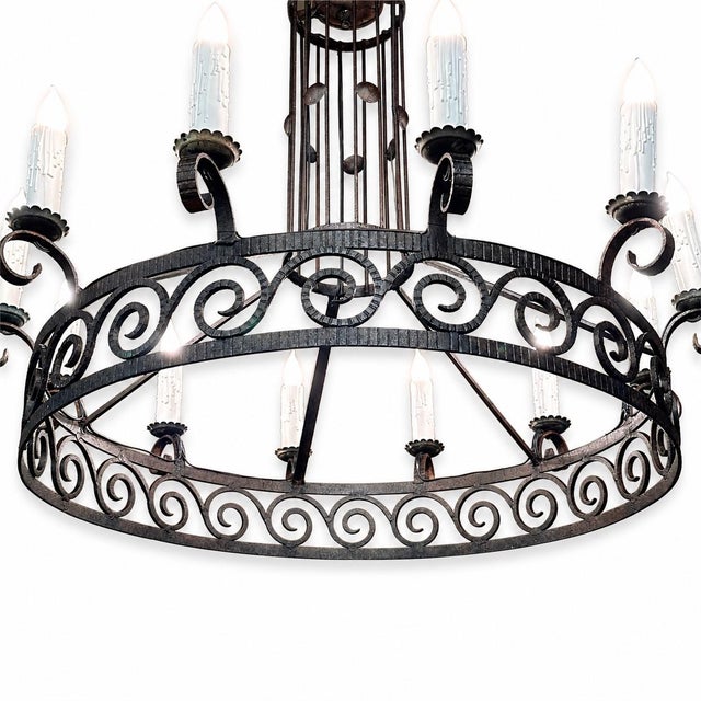 Large Art Deco Style Wrought Iron 12-Light Chandelier For Sale - Image 4 of 11