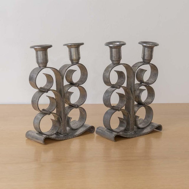 1930s Pair of French Pewter Scroll Candlesticks For Sale - Image 4 of 12
