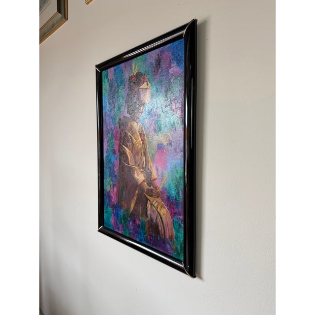 1980’s Marion Swartz Japanese Lady Oil Painting – Vibrant Impressionist Portrait, Black Lacquer Frame For Sale - Image 4 of 11