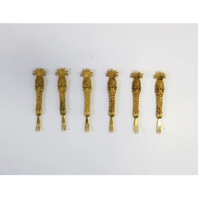 Metal Gold Plated Appetizer Canapé Hor D'oeuvres Forks with Pineapple Design, 1960s - Set of 6 For Sale - Image 7 of 9