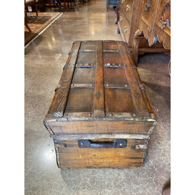 Antique Wooden Travel Trunk With Iron Strapping For Sale - Image 4 of 7