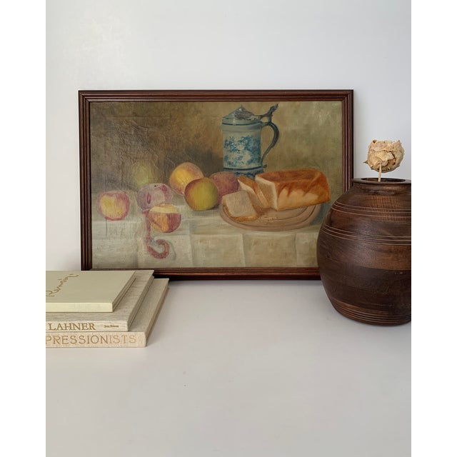 Antique Original Oil on Canvas Still Life with Bread and Apples A beautiful depiction of an interior table scene. Classic...