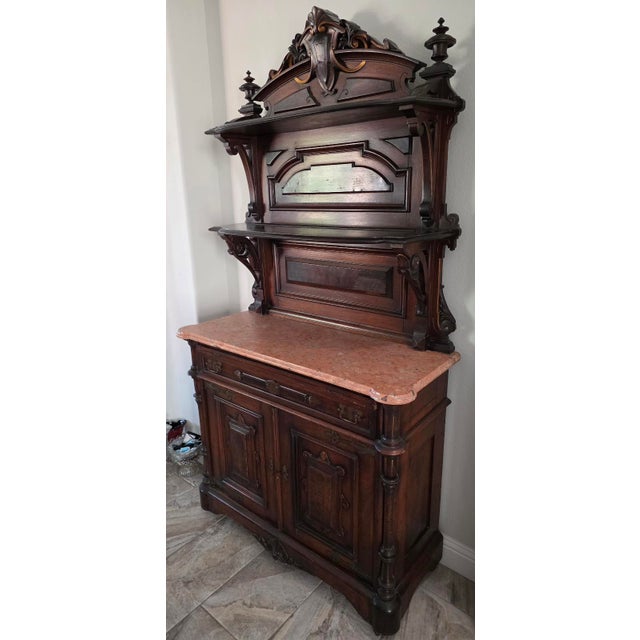 Traditional ​19th Century French Henri II Renaissance Revival Walnut & Rouge Marble Buffet Deux Corps For Sale - Image 3 of 11