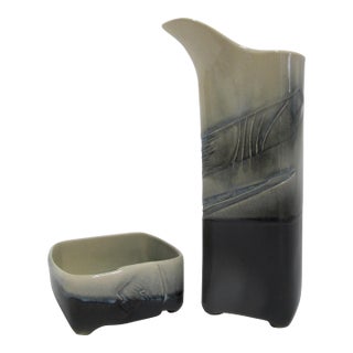 Modernist Japanese Studio Pottery Blue Textured Sake Pitcher & Matching Cup For Sale