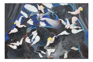 Late 20th Century "Circus Dreams" Large Surreal Black and Blue Toned Dancing Performers Painting by Doug Whitfield