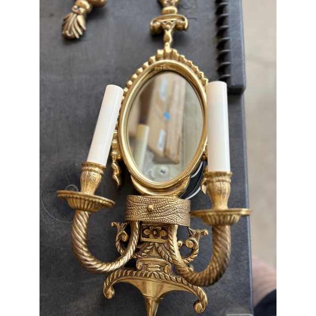Gold Late 19th Century Ornate Brass Two Candelabra Wall Sconce With Mirror - a Pair For Sale - Image 8 of 8
