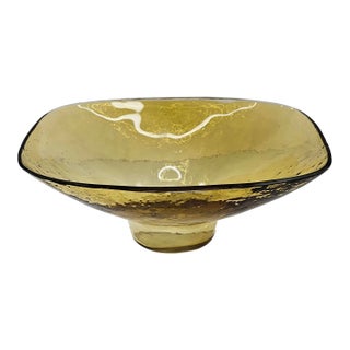 Vintage Pebbled Glass Bowl Large Decorative Pedestal Bubble Recycled Amber For Sale