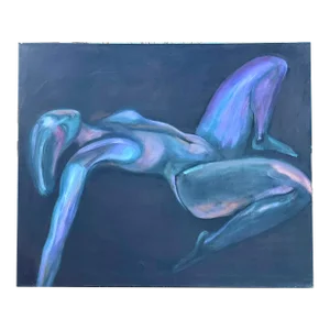 Vintage Modernist Figurative Large Oil Painting "Blue Nude" by New York Artist Patti Hirsch 50" X 60"