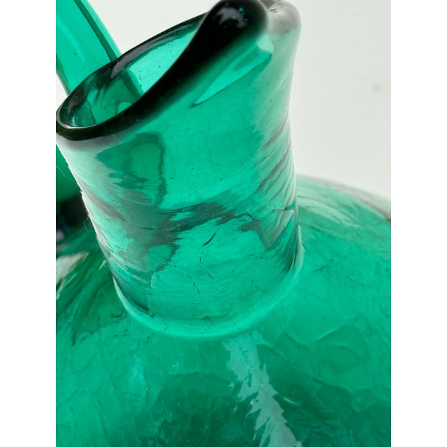 1950s Art Glass Pitcher: 1950s Mid Century Emerald / Teal Glass Crackle Vase or Pitcher - Medium Sized For Sale - Image 5 of 7