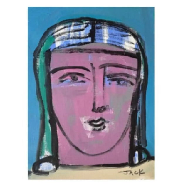 Terrific blue and purple original acrylic painting on paper, newly-framed in thick solid wood silver plein air frame under...
