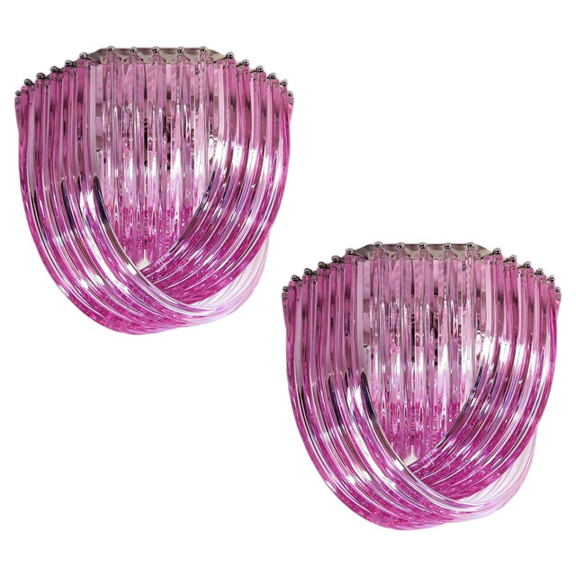 Murano Ceiling Linght Chandeliers with Pink Triedri Murano Glasses, 1995, Set of 2 For Sale