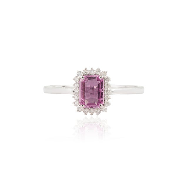VR Jewels Art Deco Emerald-Cut Pink Sapphire & Diamond Halo Ring in 14k White Gold Size 5.5 For Sale - Image 4 of 16