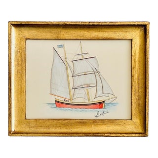 Original Hand-Painted Sailboat Painting in a Vintage Italian Frame For Sale