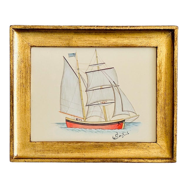 Original Hand-Painted Sailboat Painting in a Vintage Italian Frame For Sale