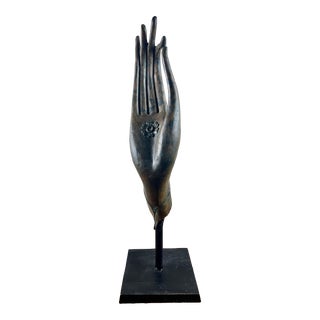 Vintage 26” Cast Bronze Standing Buddha Hand Mudra Sculpture For Sale