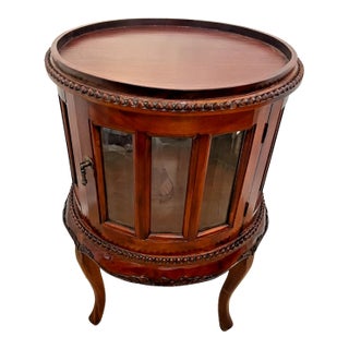 1970s Round China Cabinet Curio Display Lighted Beveled Glass Two Doors Brass Handles For Sale