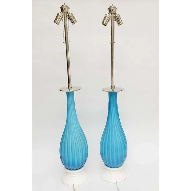 The Marbro Lamp Company Vintage Murano Marbro Lamp Co. Turquoise Caribbean Sky Blue Ribbed Glass, Nickel Silver and Wood Lamps Pair Of For Sale - Image 4 of 10
