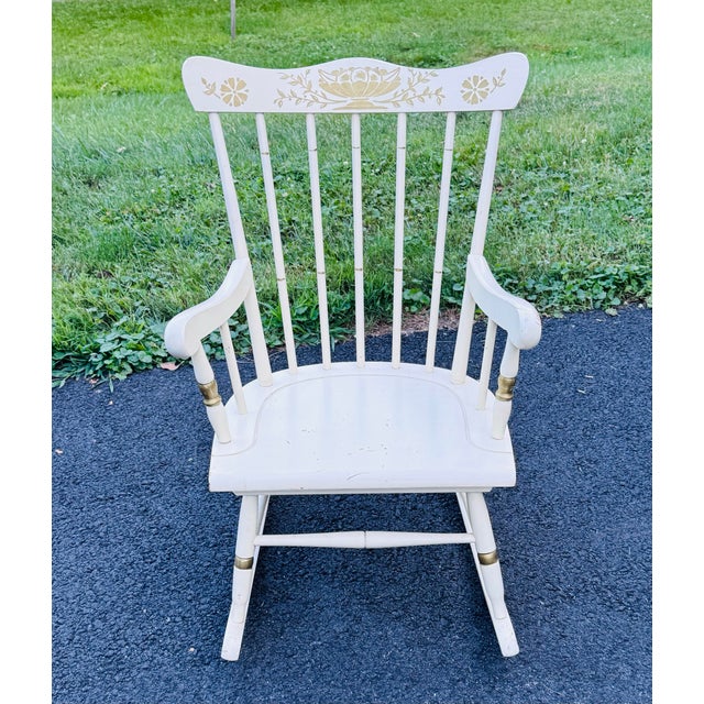 Vintage 1960s Child's White Wood Rocking Chair by Thayer Add a touch of nostalgic charm to your home with this vintage...