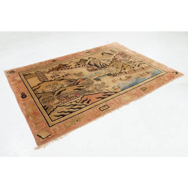 Art Deco Antique Chinese Art Deco Wool Rug Handmade in Beige With Pictorial Design For Sale - Image 3 of 9
