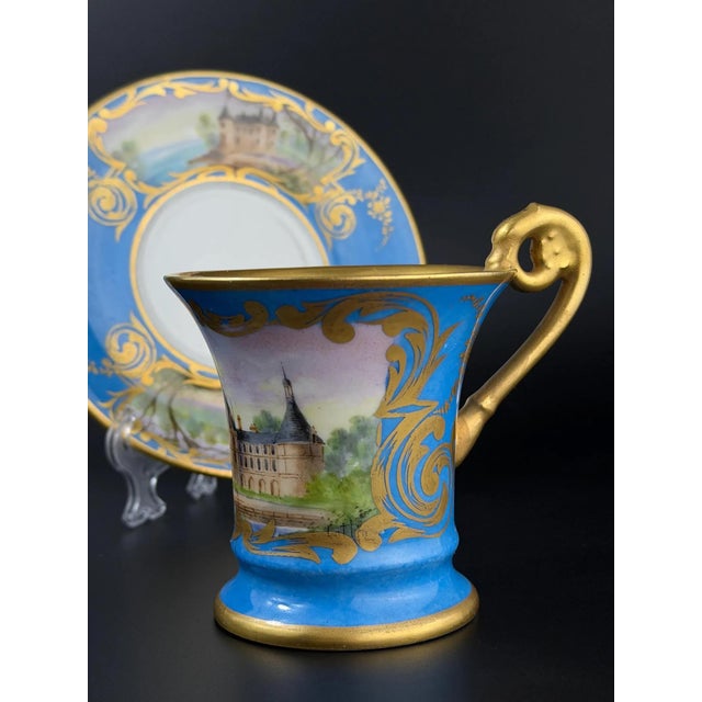 French Hand-Painted Porcelain Cup and Saucer in the style of Sèvres, 19th Century, Set of 2 For Sale - Image 4 of 13