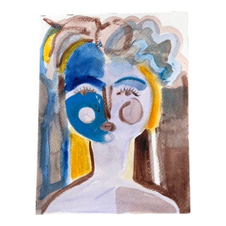 "Face With Blue" Original Acrylic on Paper Painting by Auker For Sale