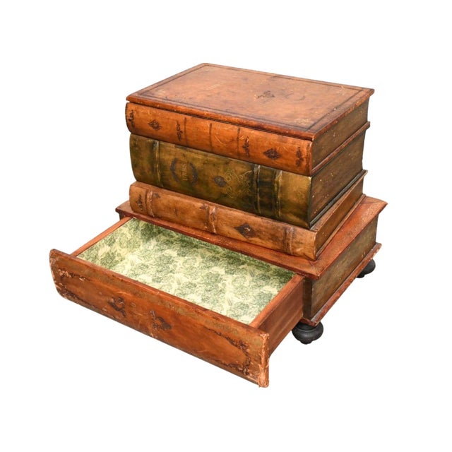 English Stacked "Old Book Style" Side Table With Hinged Top for Storage & Single Drawer For Sale - Image 3 of 7