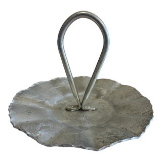 Vintage Hand Wrought Aluminum Handled Serving Tray With Floral Motif For Sale