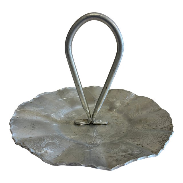 Vintage Hand Wrought Aluminum Handled Serving Tray With Floral Motif For Sale