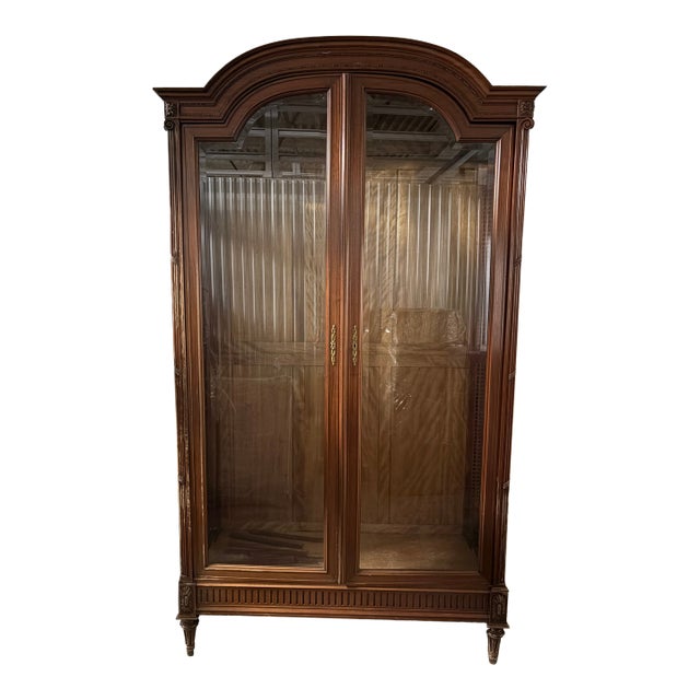 Chateau Directoire Louis XVI Style Bronze and Brass Trimmed Glass Door Armoire, 19th Century For Sale