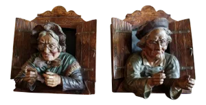 Antique Austrian Terracotta Sculptures of Elderly Couple - a Pair