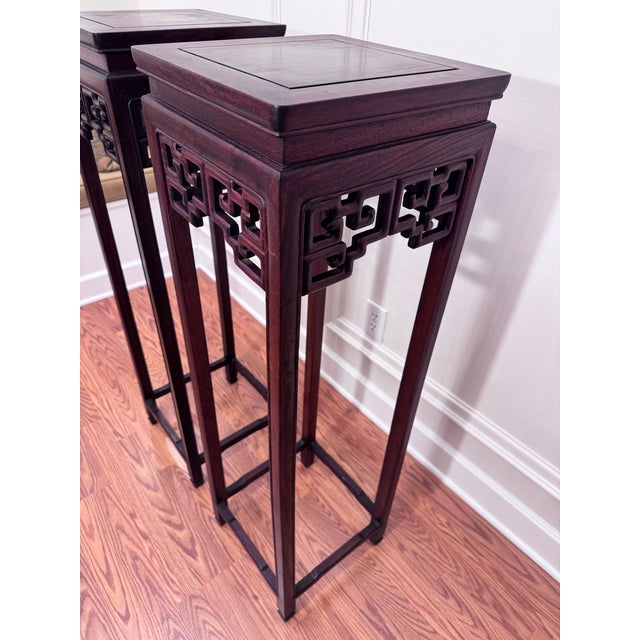 Wood Vintage Monumental Asian Ming Style Solid Rosewood Plant Stands, a Pair For Sale - Image 7 of 14