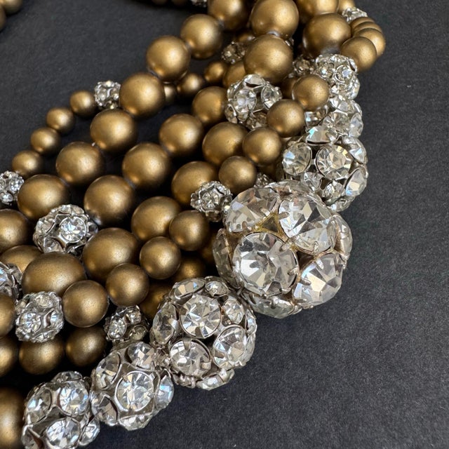 Mid-Century Modern Vintage Multi-Strand Beaded Necklace Chunky Statement Cocktail Gold Rhinestone For Sale - Image 3 of 10