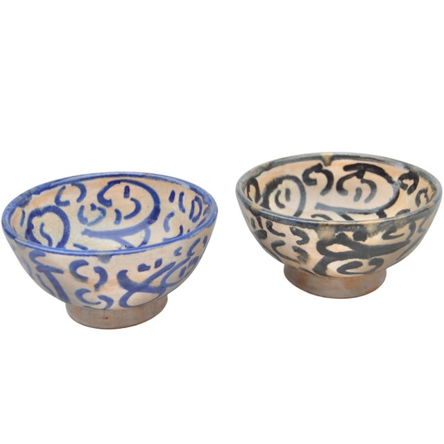 Antique Moroccan Blue & Black Calligraphy Ceramic Bowls - 2 Pieces For Sale In New York - Image 6 of 9