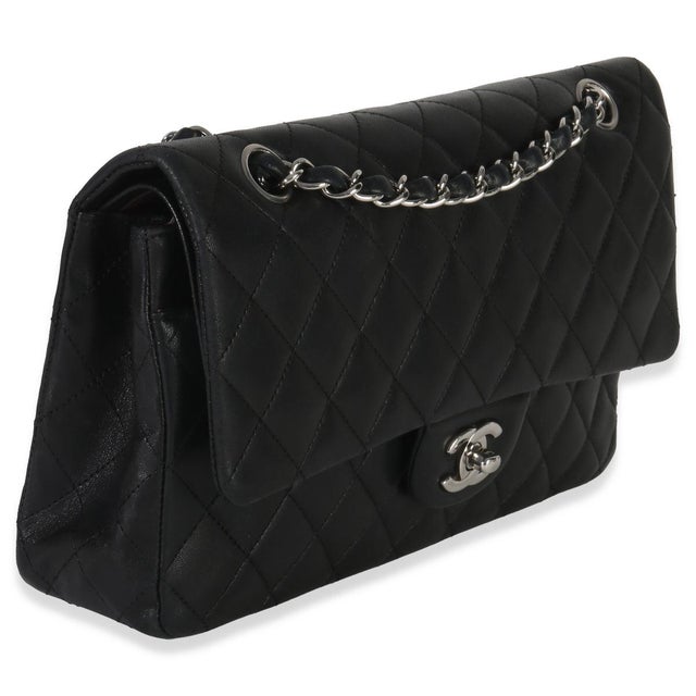 Traditional Black Quilted Lambskin Medium Classic Double Flap Bag For Sale - Image 3 of 9