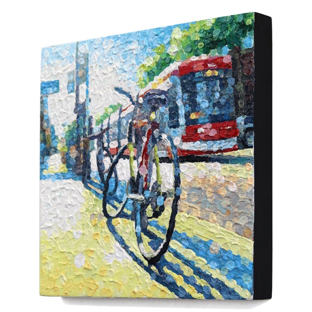 Contemporary Sound and Motion - Original Urban Bicycle Still Life Pointillist Acrylic Painting For Sale - Image 3 of 9