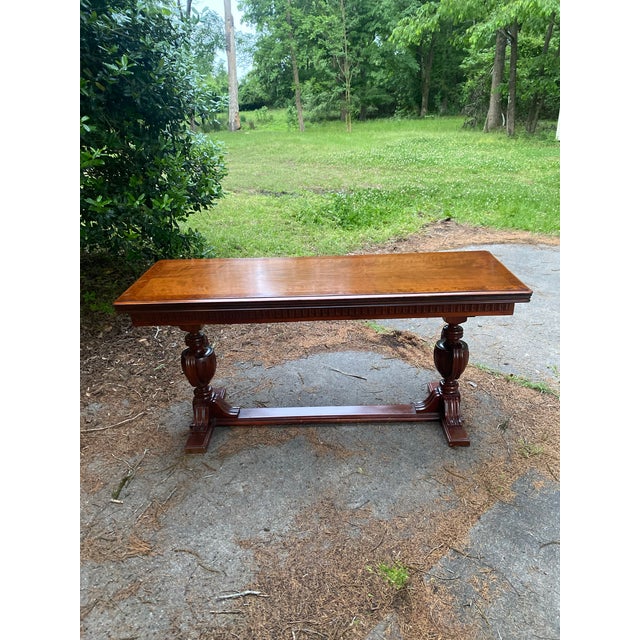 1900 - 1909 Antique French Style Walnut Flip Top Game Table | Carved Pedestal Console Table | Renaissance Revival Sofa Table | Burl Walnut Entry Table For Sale - Image 5 of 13