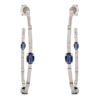 Classic European Inside Out Blue Sapphire Diamond 14k Gold Vintage Hoop Earrings For Sale