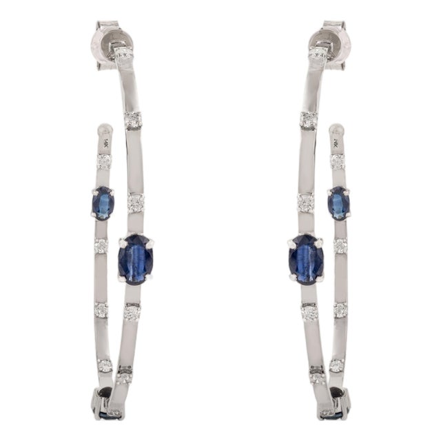 Classic European Inside Out Blue Sapphire Diamond 14k Gold Vintage Hoop Earrings For Sale