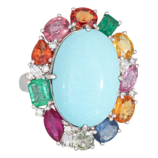 Turquoise Rainbow Sapphire Ring Diamond 18k Gold Sz 7 Estate Cocktail Jewelry For Sale