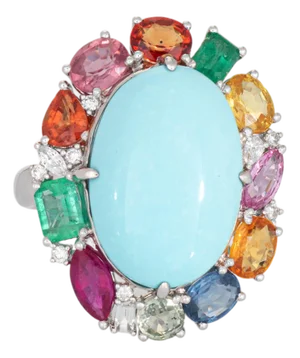 Turquoise Rainbow Sapphire Ring Diamond 18k Gold Sz 7 Estate Cocktail Jewelry