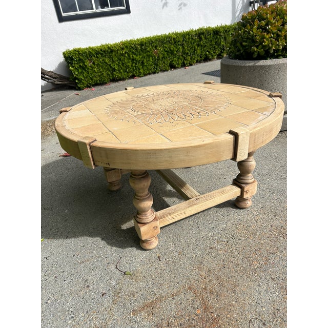 Vintage Round Carved Wood Coffee Table With Tiled Inlay Top For Sale - Image 13 of 16