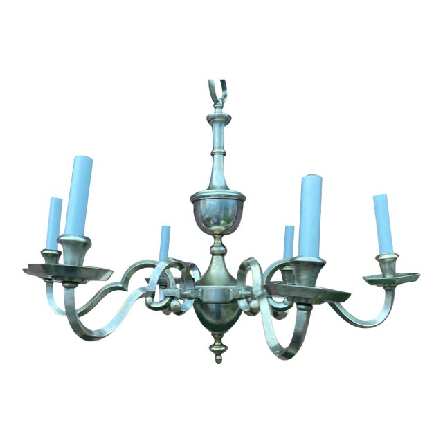 Early 20th Century Colonial Revival Silver Plated Six Arm Chandelier For Sale