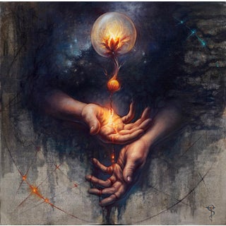 Constellation by Tenaya Sims | Oil on Linen Hands holding a glowing orb and light. For Sale