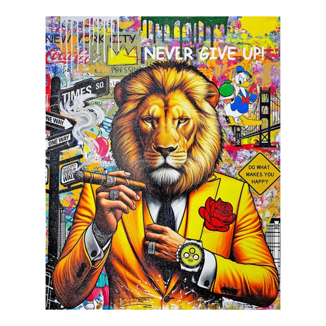 Jozza, Yellow Rolex!, Huge Original Painting With Diamond Dust, 60x48 Inches, Lion, 2026 For Sale